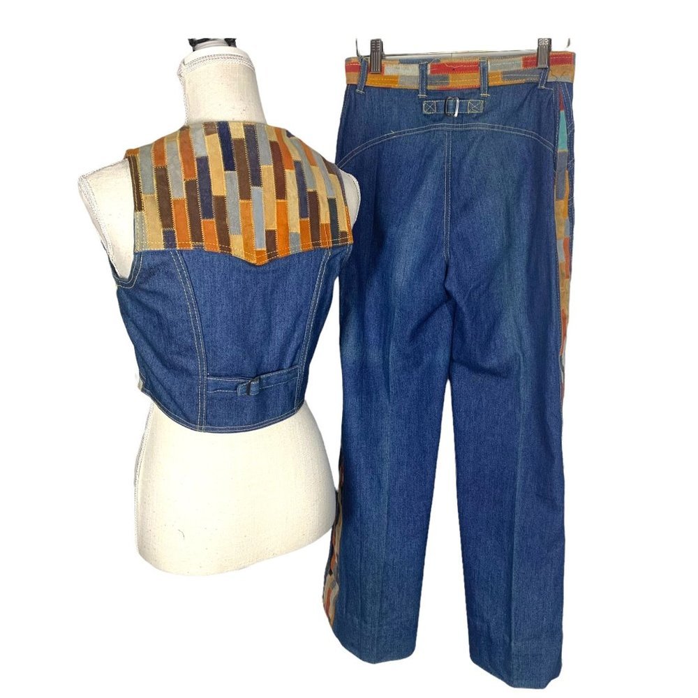 Vintage 70s Fredericks of Hollywood Suede Patchwork Denim Vest Set Medium - Picture 2 of 16